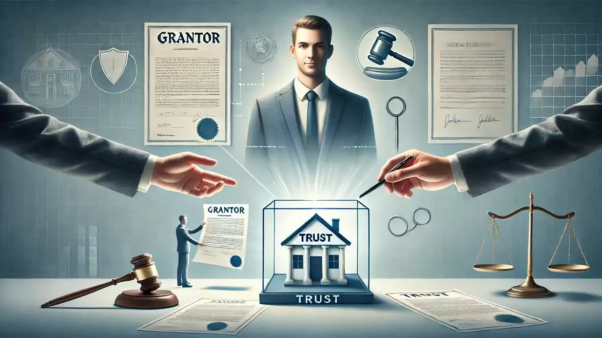 An illustration depicting legal concepts such as trust, documentation, and judicial symbolism, with a central businessman surrounded by various elements indicating a fiduciary relationship.