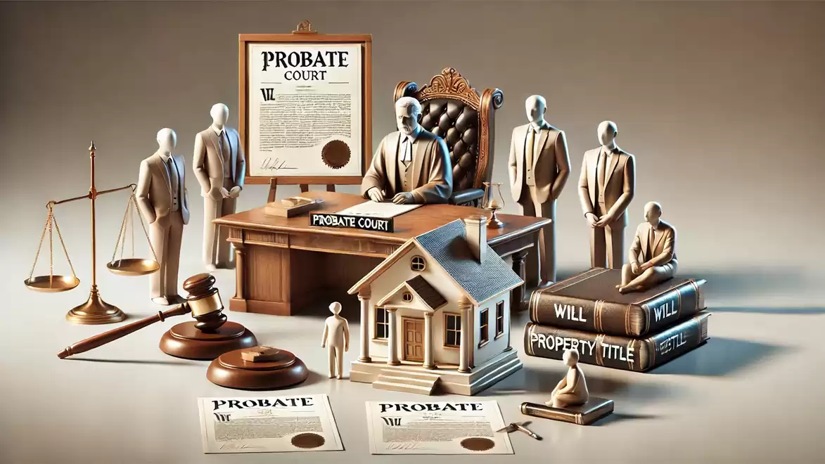 Illustration of a probate court with a judge's chair, lawyers, documents, and scales of justice. Symbolic representation of a probate process.