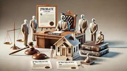 Illustration of a probate court with a judge's chair, lawyers, documents, and scales of justice. Symbolic representation of a probate process.