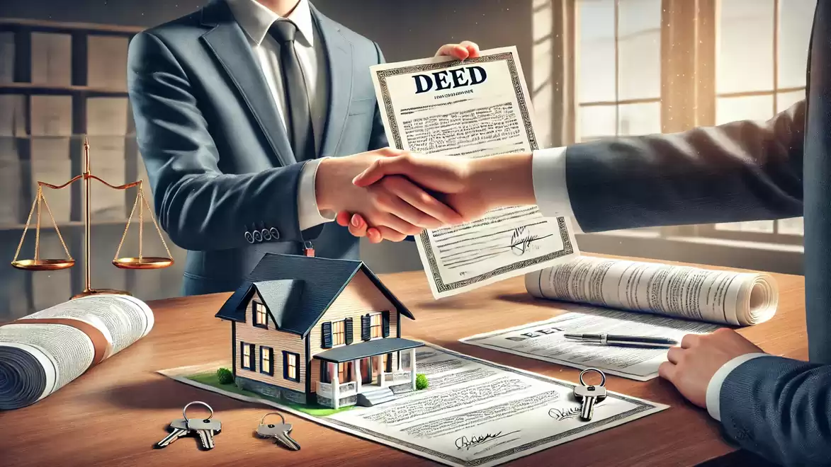 Two men in suits shaking hands while closing a house sale agreement. On the table is a contract with a model house and a pair of keys.