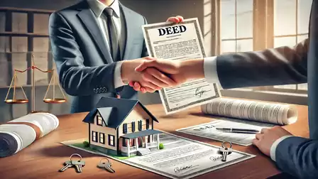 Two men in suits shaking hands while closing a house sale agreement. On the table is a contract with a model house and a pair of keys.