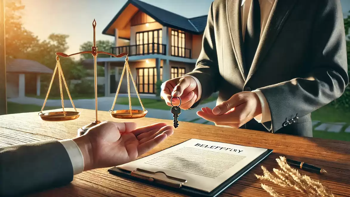 Real estate sale: Key handover between two businessmen in front of a modern house with scales and a purchase contract on the table.