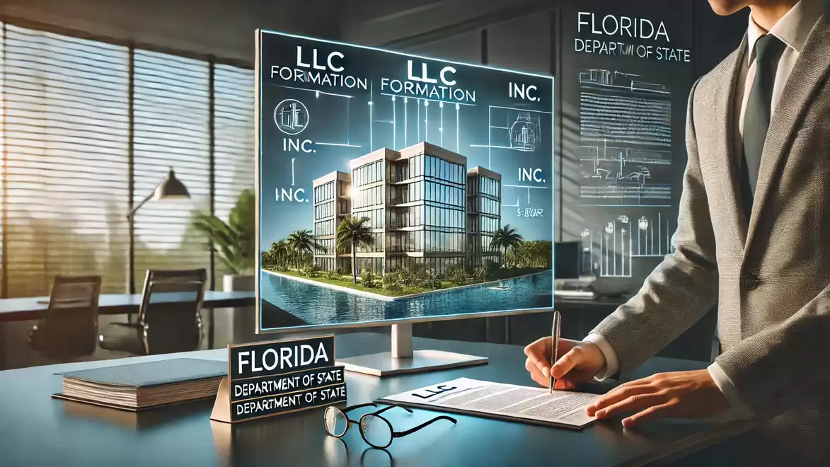 An office with a man in a suit signing documents in front of a computer screen displaying diagrams and a building model; text refers to LLC formations and the state of Florida.