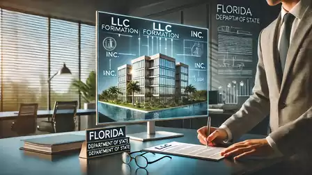 An office with a man in a suit signing documents in front of a computer screen displaying diagrams and a building model; text refers to LLC formations and the state of Florida.