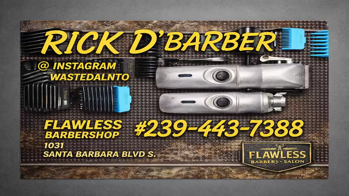 Advertisement for Rick D'Barber featuring barber tools and contact information for Flawless Barbershop.