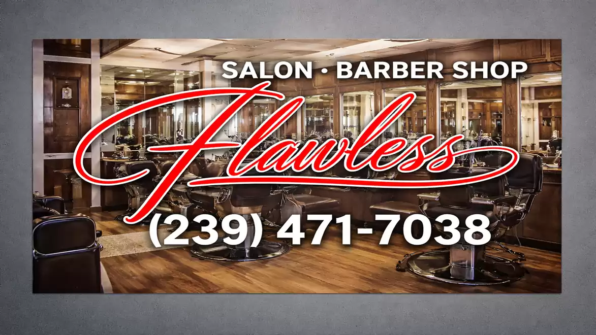 Image of a barbershop interior with several barber chairs and large mirrors. The image features the word 'Flawless' in large red letters and the phone number '(239) 471-7038'.