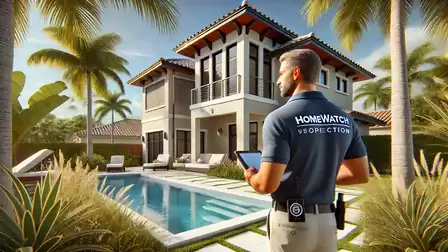 A home inspector stands with a tablet in front of a modern villa with a pool and palm trees, surrounded by a manicured garden.