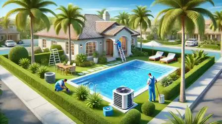 Beautiful single-family home with pool and palm trees, gardeners at work. Perfect summer day in a well-maintained neighborhood.