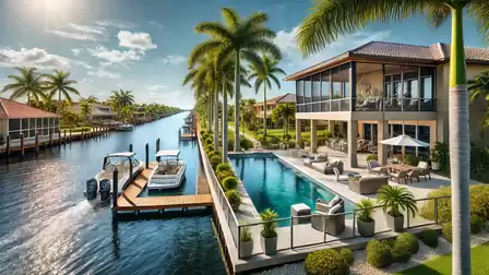 Luxurious waterfront house with pool, palm trees, and private dock, perfect for relaxing vacations.