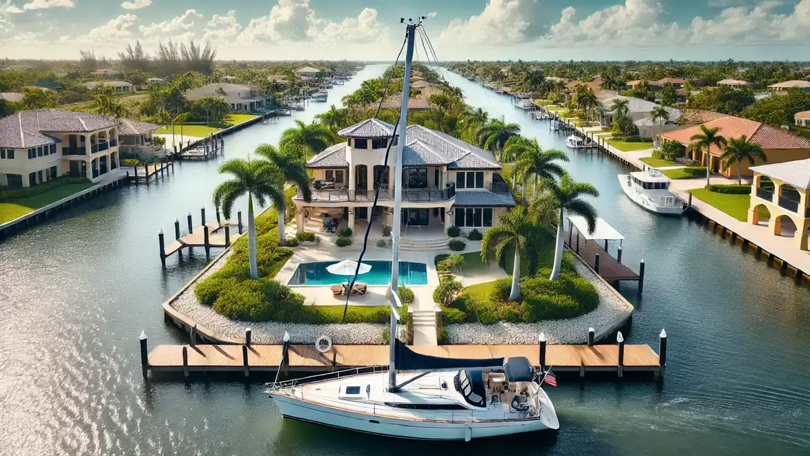 Luxurious property with palm trees, swimming pool, and sailboat on a calm canal.