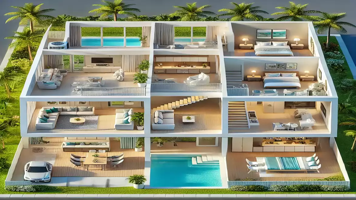 Modern three-story villa with open floor plan, outdoor terrace, and swimming pool, surrounded by palm trees.