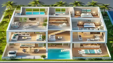 Modern three-story villa with open floor plan, outdoor terrace, and swimming pool, surrounded by palm trees.