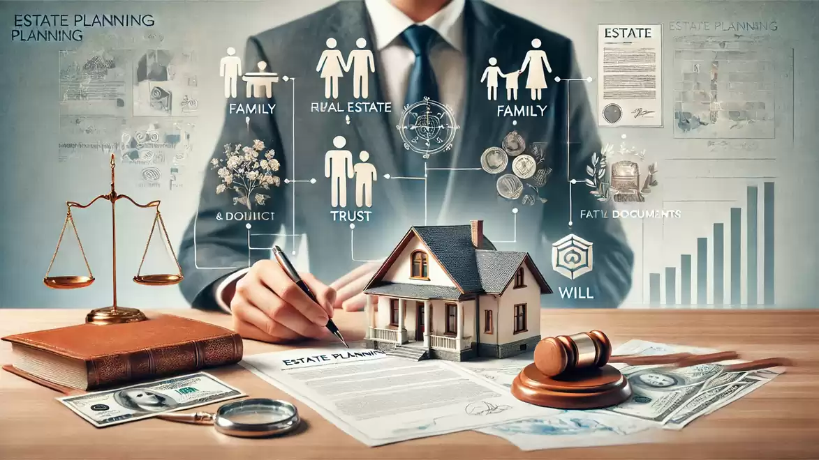 Image of a lawyer with estate planning documents. A scale, a house model, and a gavel symbolize legal aspects.