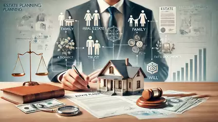 Image of a lawyer with estate planning documents. A scale, a house model, and a gavel symbolize legal aspects.