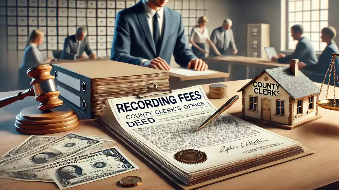 An office with stacks of documents, a miniature house labeled 'County Clerk', and a gavel. People are working in the background.