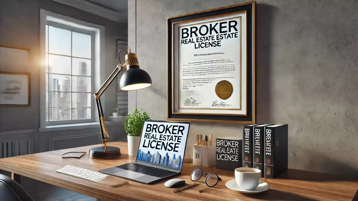 A modern office workspace with a laptop, documents, books, and a coffee cup on a wooden desk. A framed real estate broker license hangs on the wall.