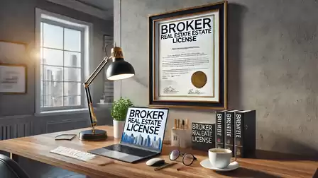 A modern office workspace with a laptop, documents, books, and a coffee cup on a wooden desk. A framed real estate broker license hangs on the wall.