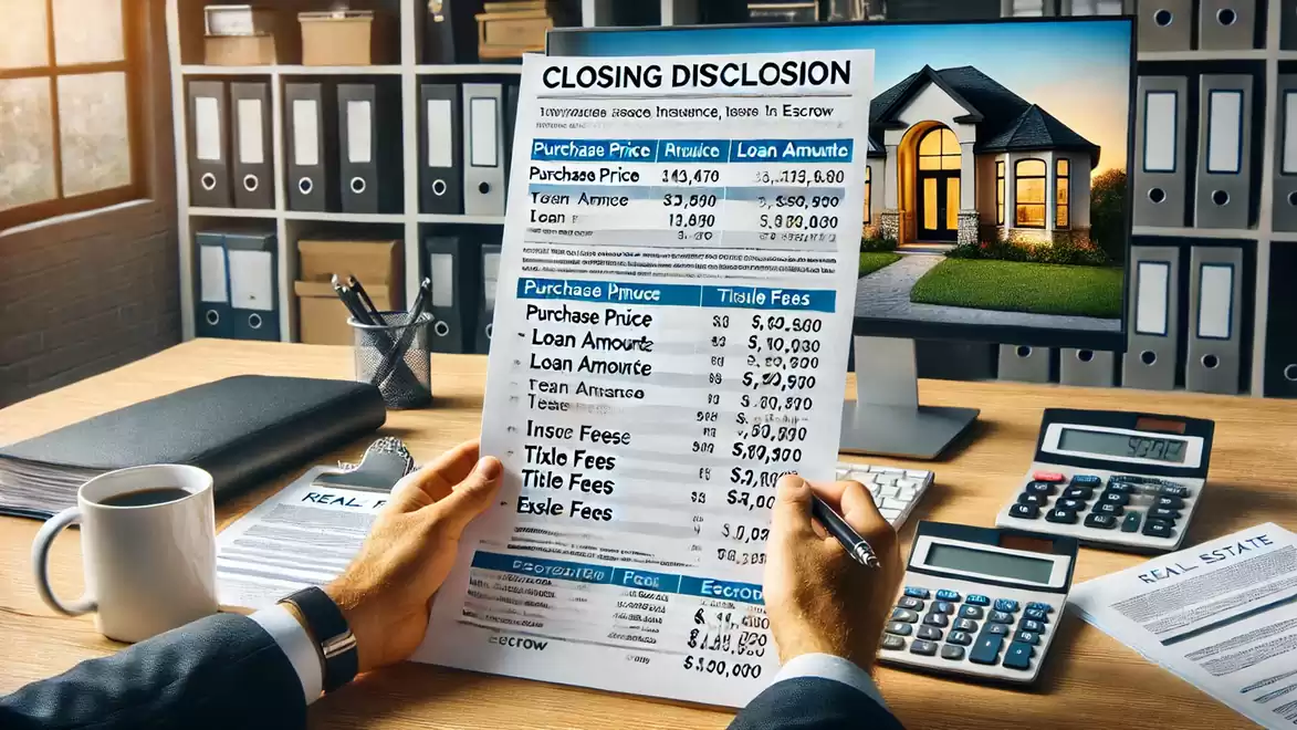 A desk with real estate financing documents, a computer screen showing a house, and office supplies like calculators.