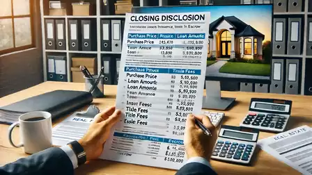 A desk with real estate financing documents, a computer screen showing a house, and office supplies like calculators.