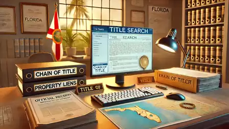 An office with a computer screen showing a title search. Various documents, binders, and a map of Florida are on the desk. A cozy office environment with warm lighting.