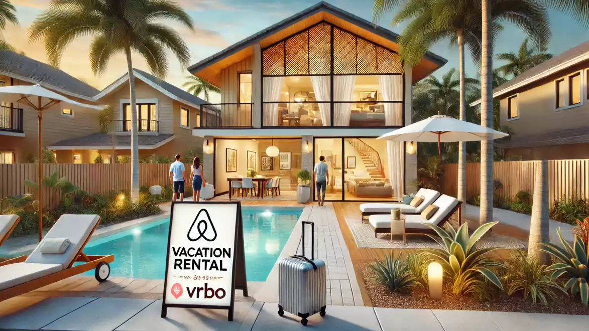 Luxury vacation home with pool, tropical plants, and modern furnishings.