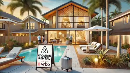 Luxury vacation home with pool, tropical plants, and modern furnishings.
