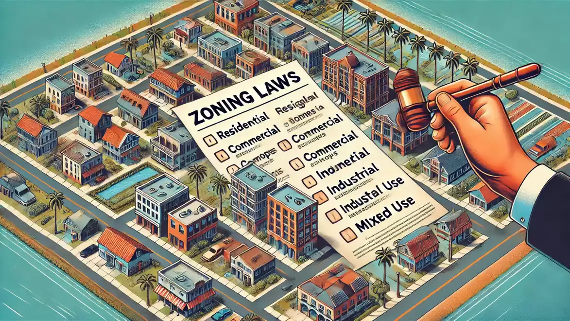 Illustration of a city with a list of zoning laws showing categories like residential, commercial, and industrial.