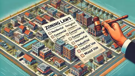 Illustration of a city with a list of zoning laws showing categories like residential, commercial, and industrial.