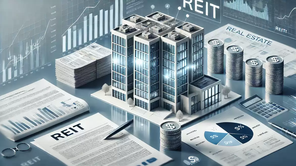 Illustration of a REIT concept with modern buildings, financial charts, and documents in focus.