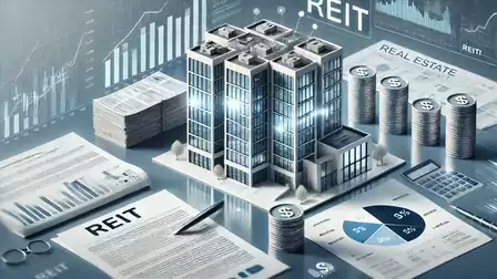 Illustration of a REIT concept with modern buildings, financial charts, and documents in focus.