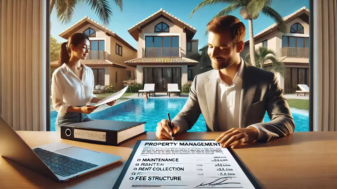 A businessman is sitting at a table signing documents with a pool and houses in the background. A woman stands nearby holding papers.