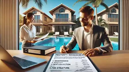 A businessman is sitting at a table signing documents with a pool and houses in the background. A woman stands nearby holding papers.