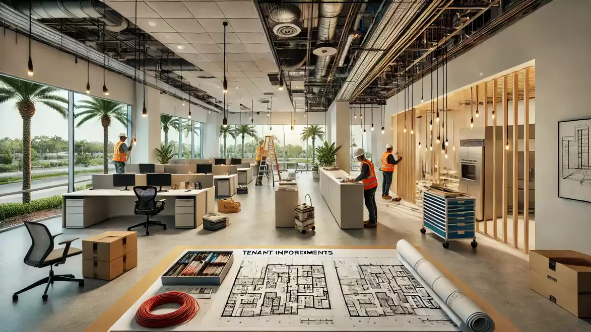 Modern office with planning preparations, workstations, and workers under an open ceiling in a sunny room.