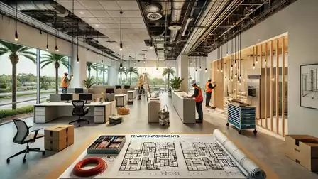 Modern office with planning preparations, workstations, and workers under an open ceiling in a sunny room.
