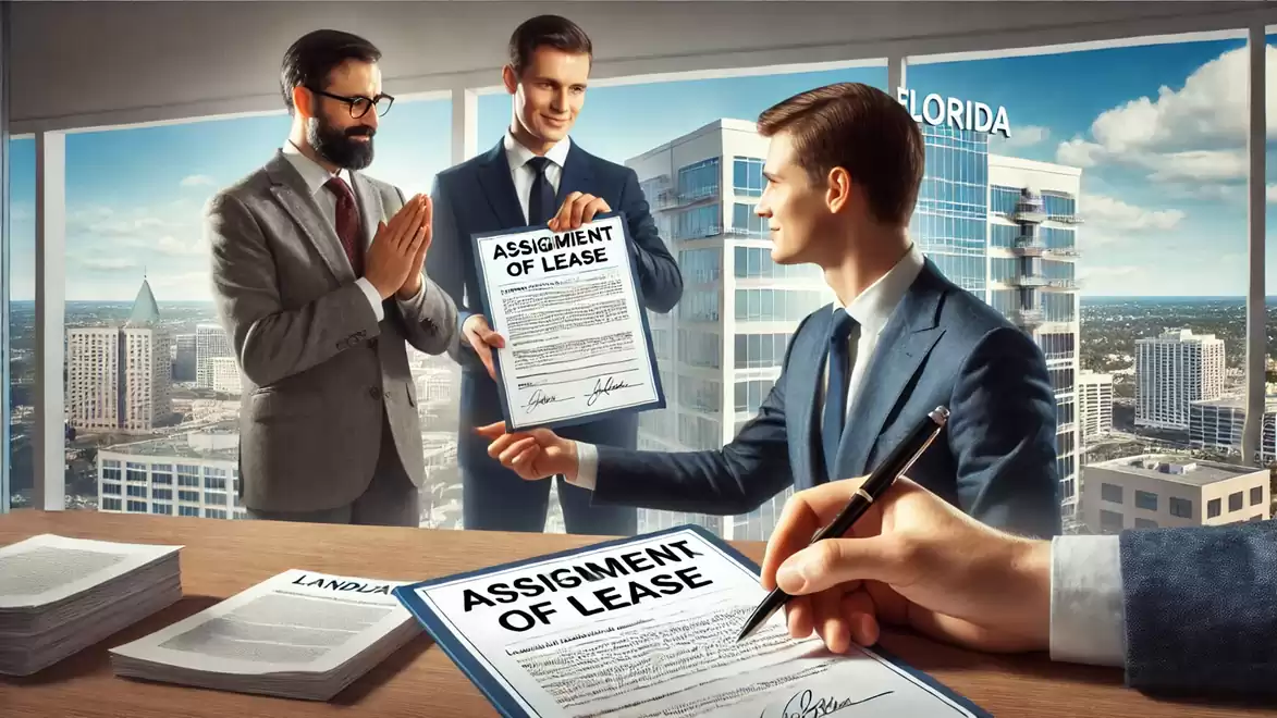 Three men in suits sit at a table with a contract. One holds a document titled 'Assignment of Lease,' while another signs it. A cityscape with a tall building is visible in the background.