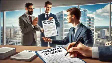Three men in suits sit at a table with a contract. One holds a document titled 'Assignment of Lease,' while another signs it. A cityscape with a tall building is visible in the background.