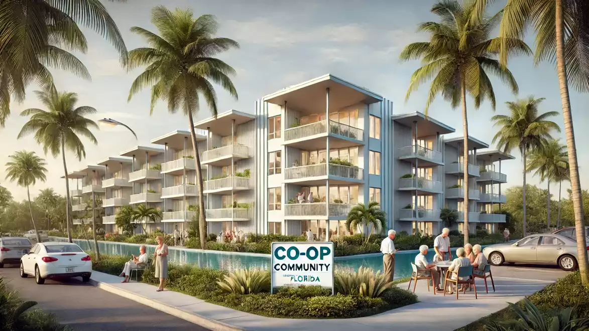 Modern residential complex in Florida with palm trees and people on a terrace.
