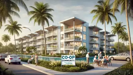 Modern residential complex in Florida with palm trees and people on a terrace.