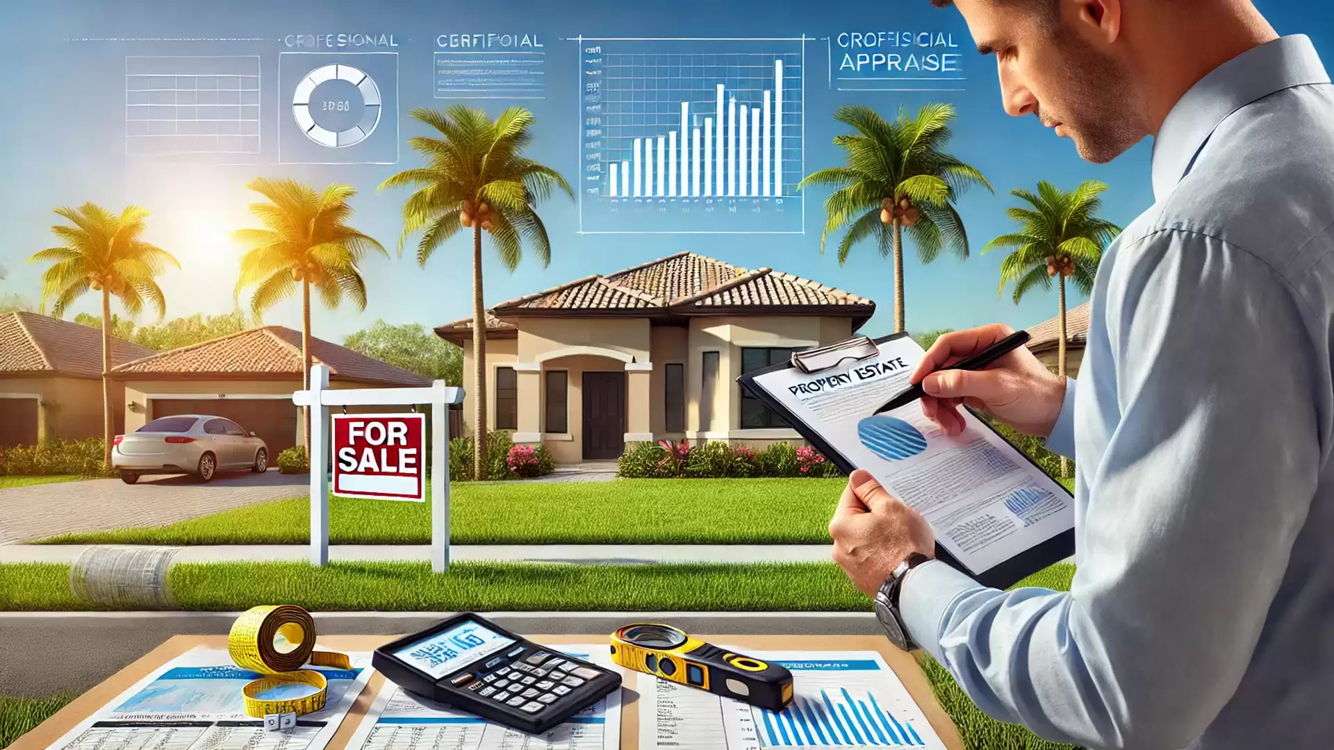 A real estate agent reviews documents in front of a house for sale with palm trees in the background. A calculator, tape measure, and charts are on the table.
