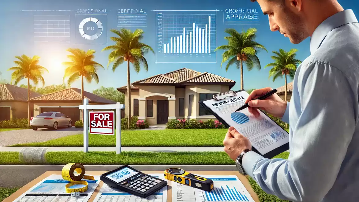 A real estate agent reviews documents in front of a house for sale with palm trees in the background. A calculator, tape measure, and charts are on the table.