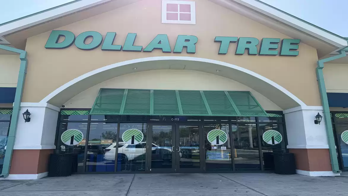 Entrance of a Dollar Tree store with large green signs and a glass canopy.