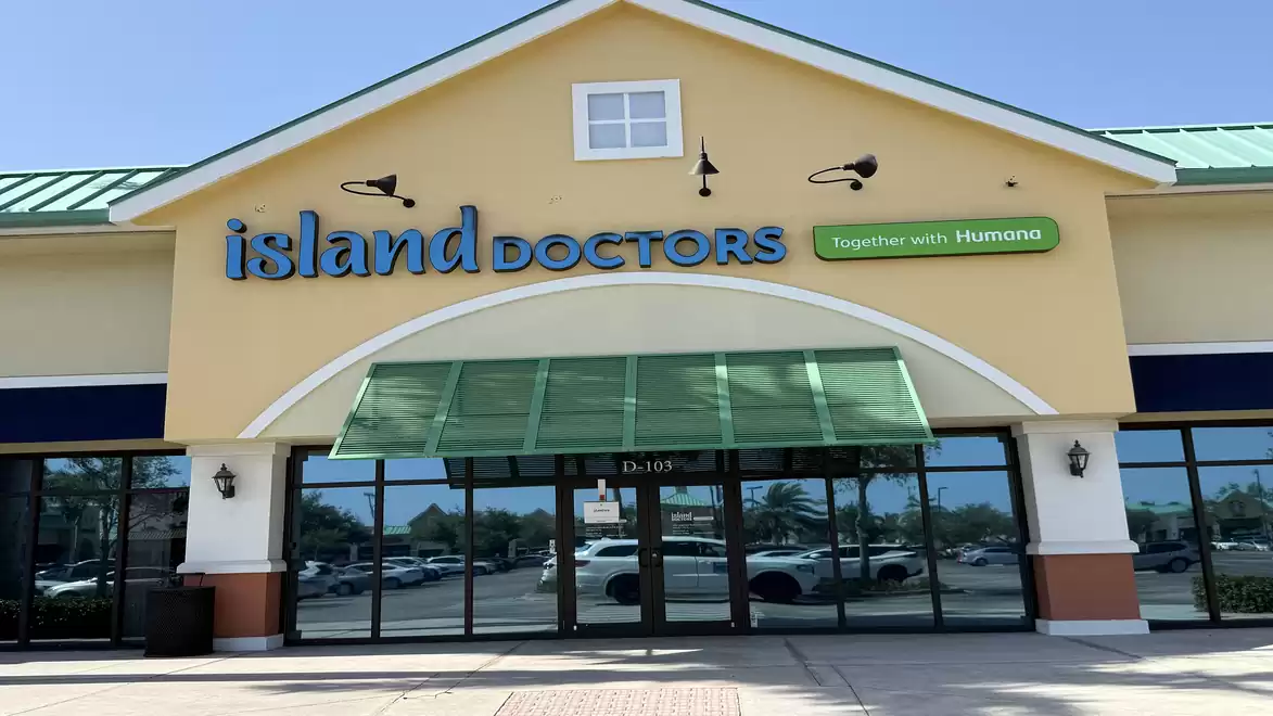 Entrance of a medical office named 'Island Doctors'.