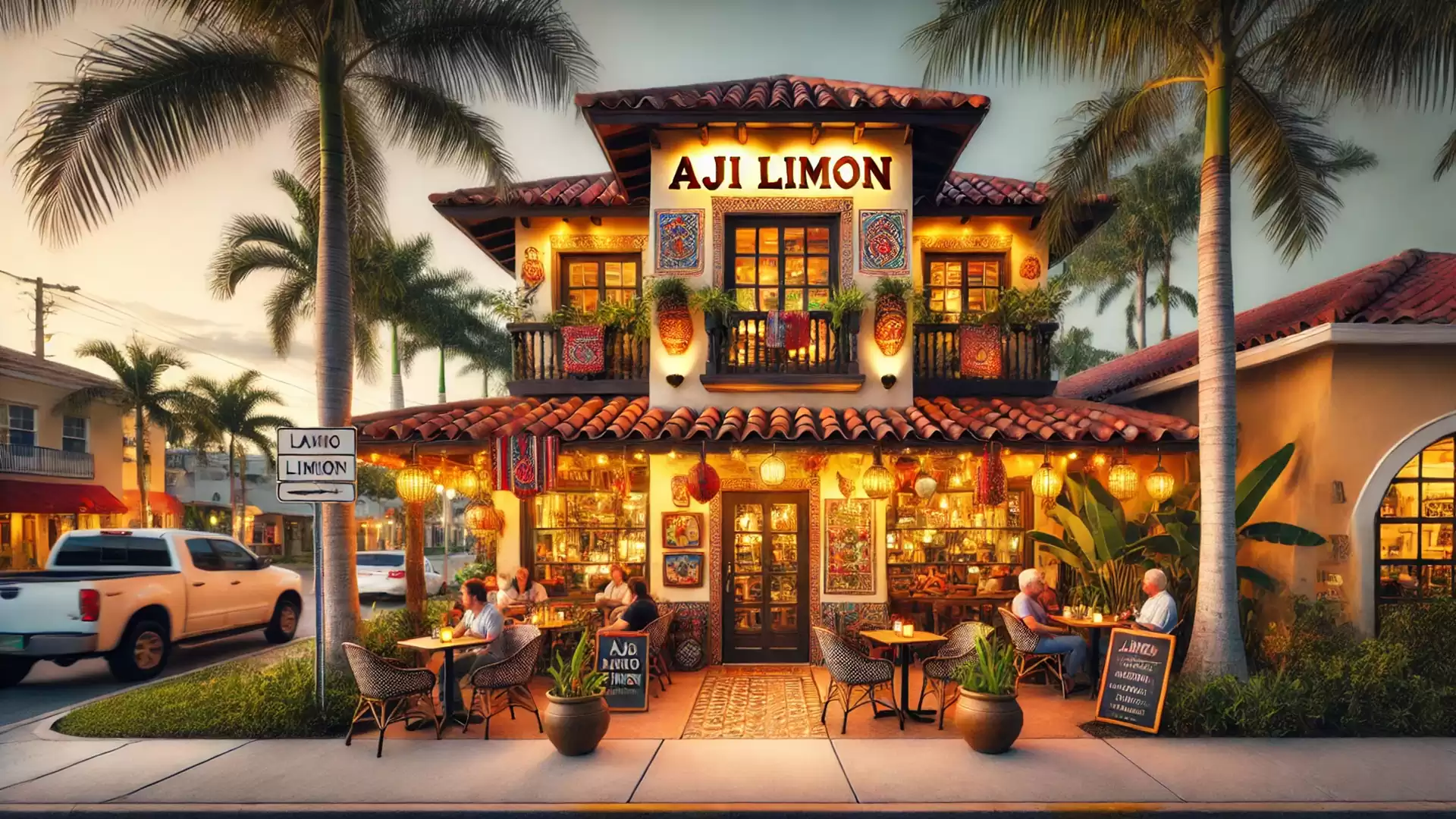 Inviting Spanish-style restaurant at sunset with palm trees and outdoor seating.