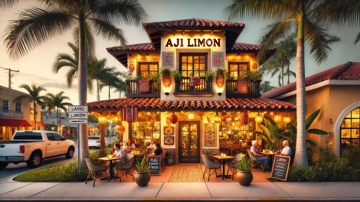 Inviting Spanish-style restaurant at sunset with palm trees and outdoor seating.
