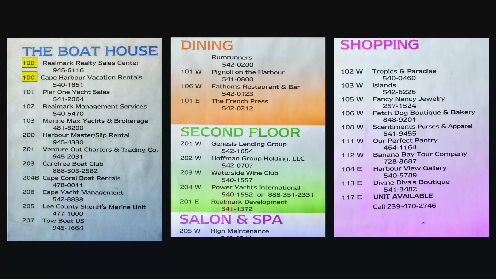 An image featuring a list of businesses in a shopping center, divided into categories 'The Boat House', 'Dining', 'Second Floor', 'Salon & Spa', and 'Shopping'. Each category includes names, phone numbers, and addresses of the stores.