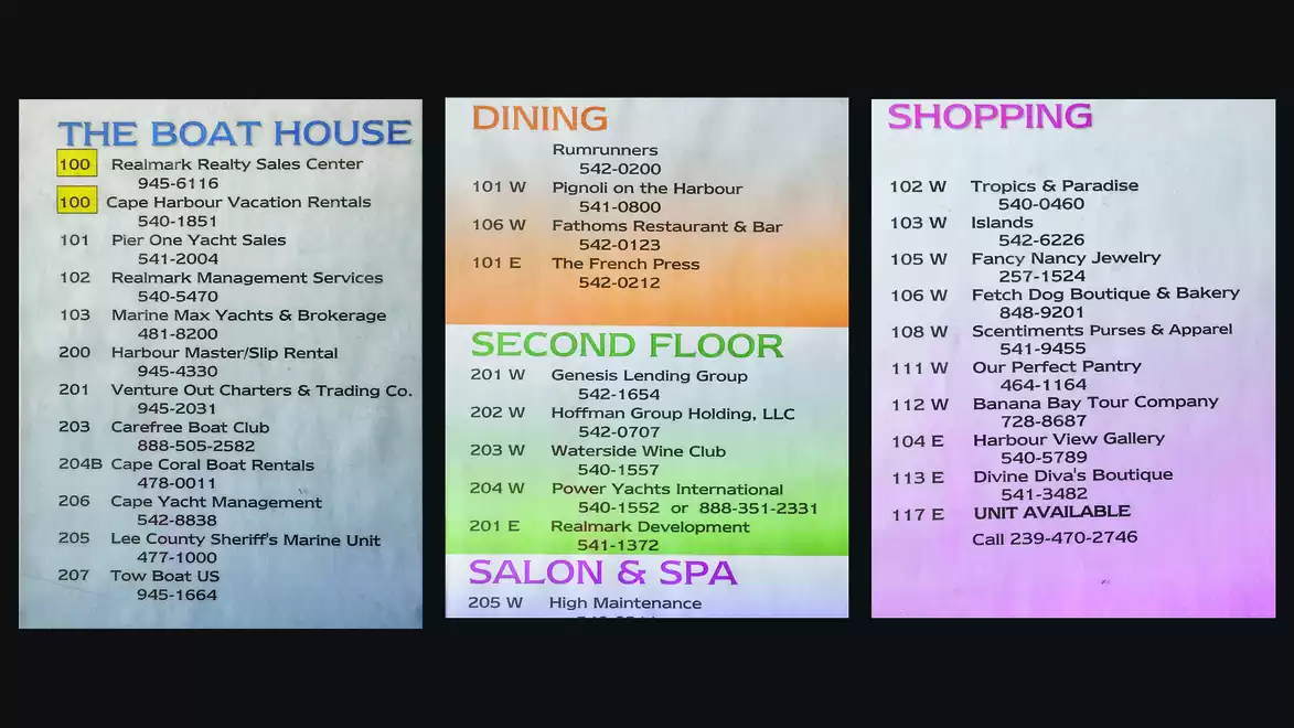 An image featuring a list of businesses in a shopping center, divided into categories 'The Boat House', 'Dining', 'Second Floor', 'Salon & Spa', and 'Shopping'. Each category includes names, phone numbers, and addresses of the stores.