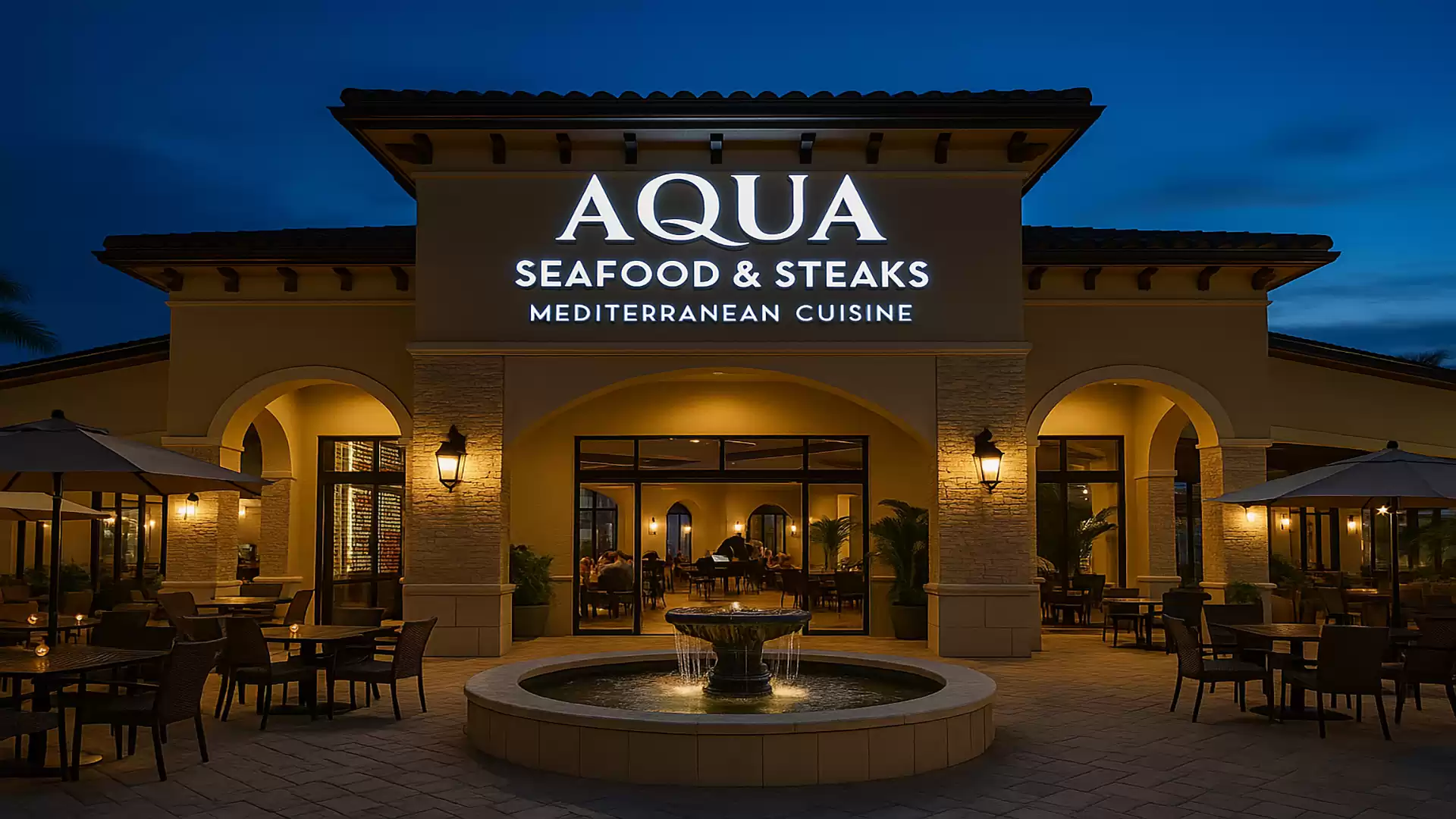 Nighttime image of a stylish restaurant called Aqua, offering seafood and steaks, with Mediterranean cuisine. The building has an elegant design with outdoor lighting.