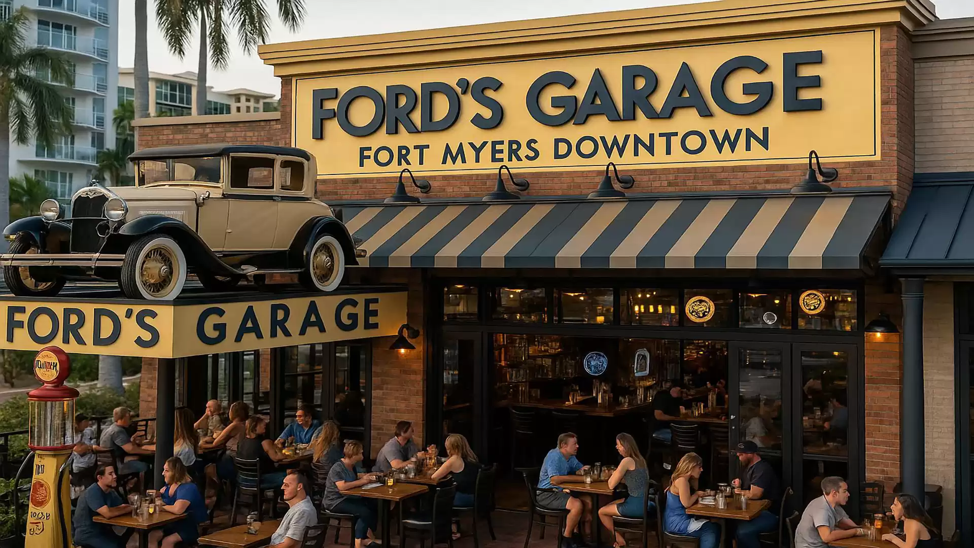 Exterior view of Ford's Garage restaurant in Fort Myers Downtown with a classic car on the sign and people dining outside.