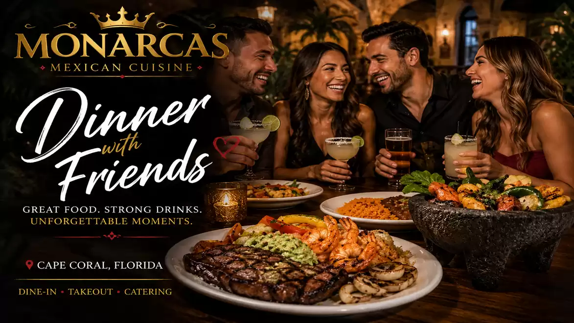 Friendly group enjoying a festive Mexican dinner with delicious food and drinks at Monarcas in Cape Coral, Florida.