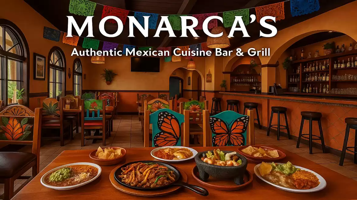 Interior view of a Mexican restaurant with colorful butterfly chairs and a selection of meals on a table.